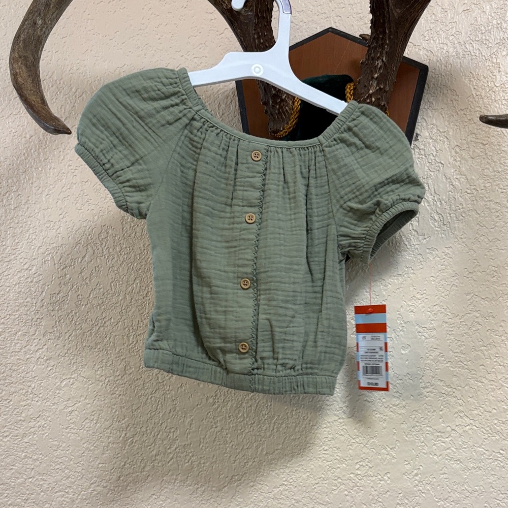 Cat & Jack Olive Button-Up Puff Sleeve Top